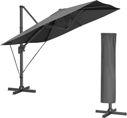 Augstas kvalitātes saulessargs 290 x 290 cm, UV aizsardzība UPF 50+, 360° rotācija, regulējams slīpuma leņķis, ar statīvu, stiprinājuma siksnām un pārvalku, dūmu pelēks