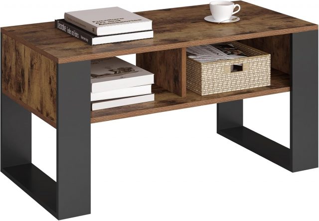 Woodnest kafijas galdiņš ar plauktiem – vintage koka izskats, 90x45 cm