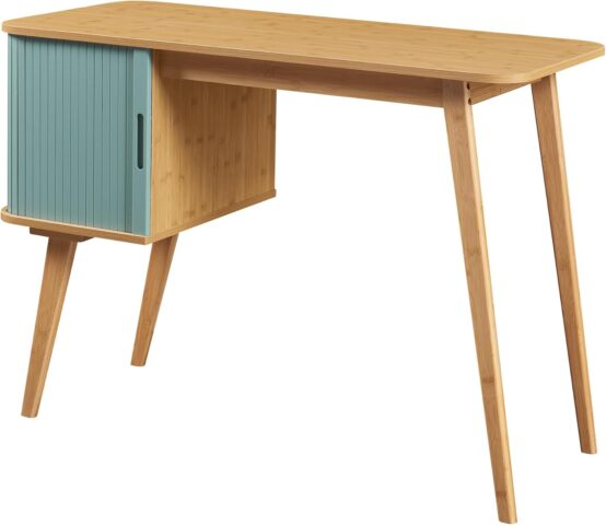 Azure Bamboo – rakstāmgalds ar skapīti  Moderns un funkcionāls rakstāmgalds ar dabīgā bambusa apdari un elegantu zilas krāsas akcentu. Tas lieliski iederas mājas birojā, darba telpā vai jaunieša istabā, nodrošinot gan ērtu darba virsmu, gan praktisku uzglabāšanas vietu.