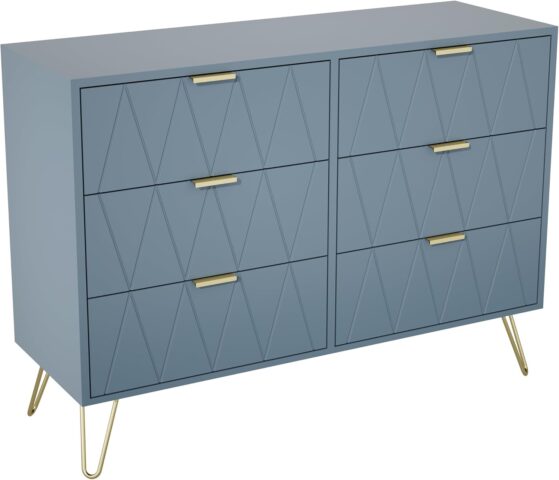 Azul Vento – kumode ar 6 atvilktnēm  Eleganta pelēkzila kumode ar modernu minimālisma dizainu un izteiksmīgu līniju rakstu. Tā piešķir telpai raksturu, vienlaikus nodrošinot daudz vietas mantu uzglabāšanai.
