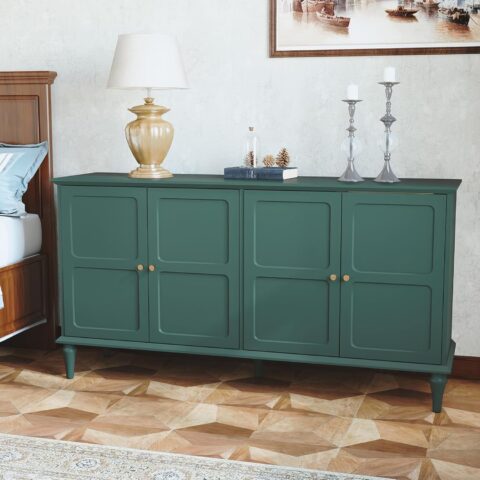 Zaļš Skapītis ar Vīna Glāžu Turētāju un 4 Durvīm | Mid-Century Stils | 147 x 39 x 77 cm