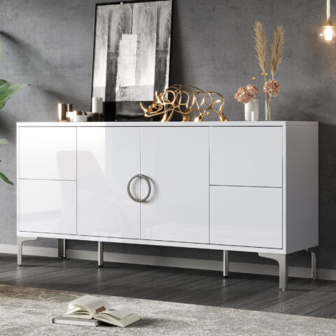 Balts Augsta Spīduma Bufetes Skapītis ar 4 Atvilktnēm un Metāla Kājām | Bezroktura Dizains | 150 x 38 x 59,5 cm