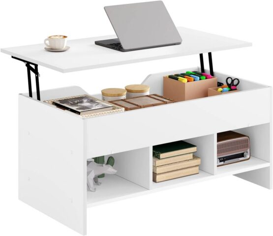 Paceļams Kafijas Galdiņš ar Slēptu Glabāšanas Nodalījumu | Balts | 96 cm