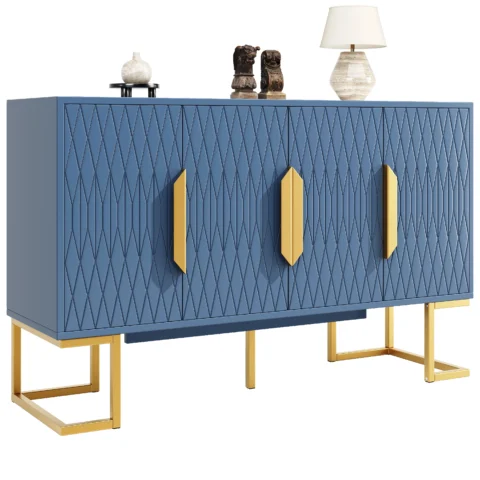 Zils Sānu Skapītis ar Zelta Kājām un Ģeometrisko Reljefa Dizainu | 4 Durvis | 140 x 40 x 80 cm