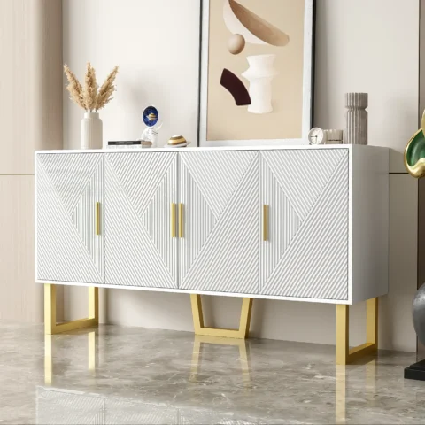 Balts Luksusa Bufetes Skapītis ar Zelta Kājām un Spīdīgām Durvīm | 4 Durvis | 150 x 40 x 82 cm