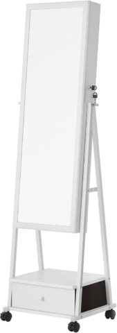 Rotējošs juvelierizstrādājumu un kosmētikas skapis ar pilna auguma spoguli, balts, 152.5 cm
