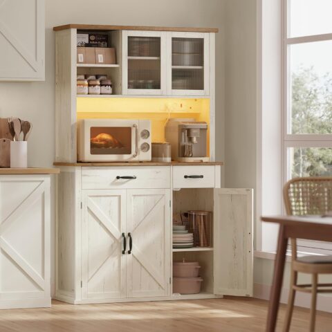 Virtuves bufete ar LED apgaismojumu un kontaktligzdām, Rustic White / Honey Brown, 180.6 cm