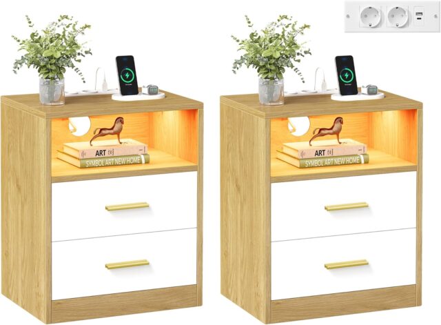 2 naktsgaldiņu komplekts ar LED apgaismojumu un kontaktligzdām, Natural Oak / Cloud White
