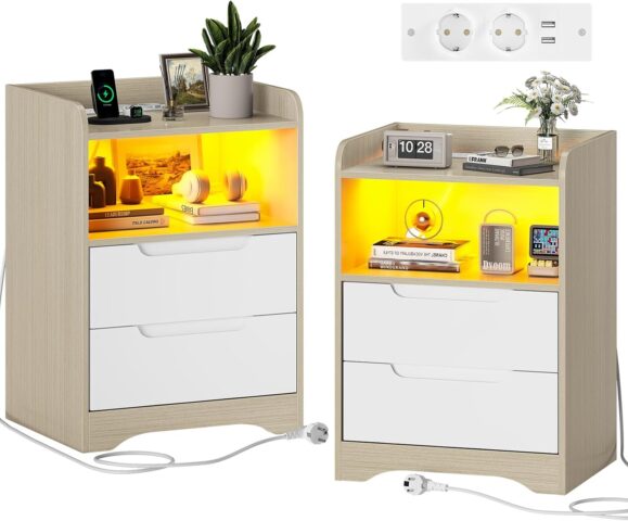 2 naktsgaldiņu komplekts ar RGB LED apgaismojumu un uzlādes staciju
