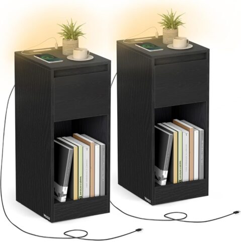 2 naktsgaldiņu komplekts ar LED apgaismojumu un USB pieslēgvietām, Black Woody, 59.5 cm