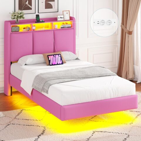 LED gulta ar uzlādes staciju un polsterētu galvgali, rozā, 90x190 cm