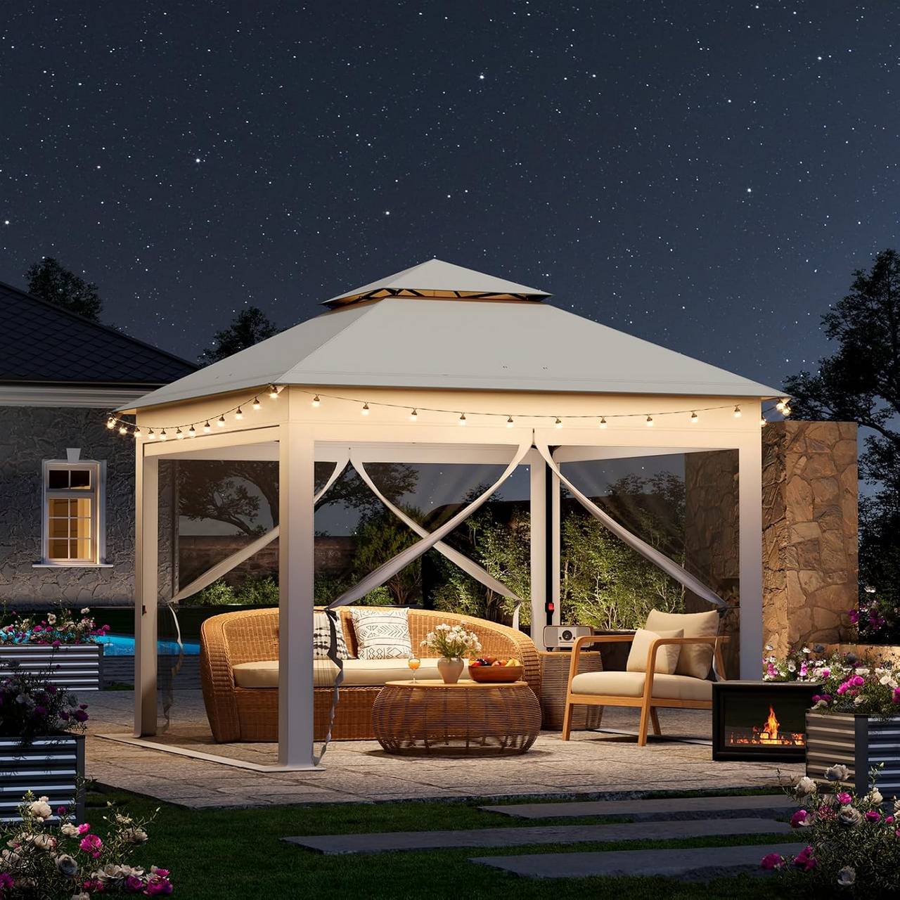 Pavillon-3x3-m-Moskitonetz-wasserdicht-stabil-hoehenverstellbar-UV-Schutz-W0UETT0942-Beige4