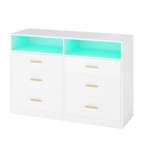Kumode ar 6 atvilktnēm, LED apgaismojumu un uzlādes staciju, balta